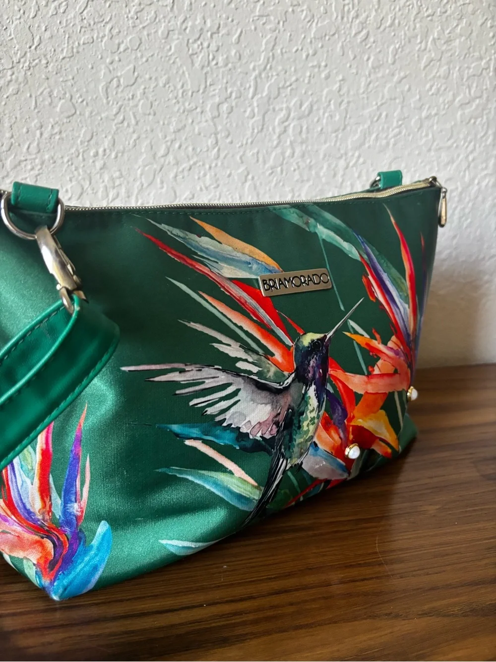 Green Hummingbird Print Crossbody Bag